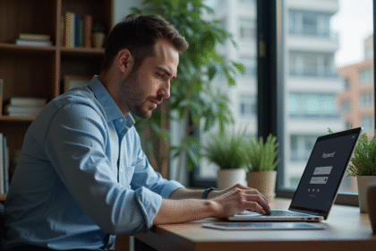Jeune homme concentré sur son ordinateur portable avec écran de connexion