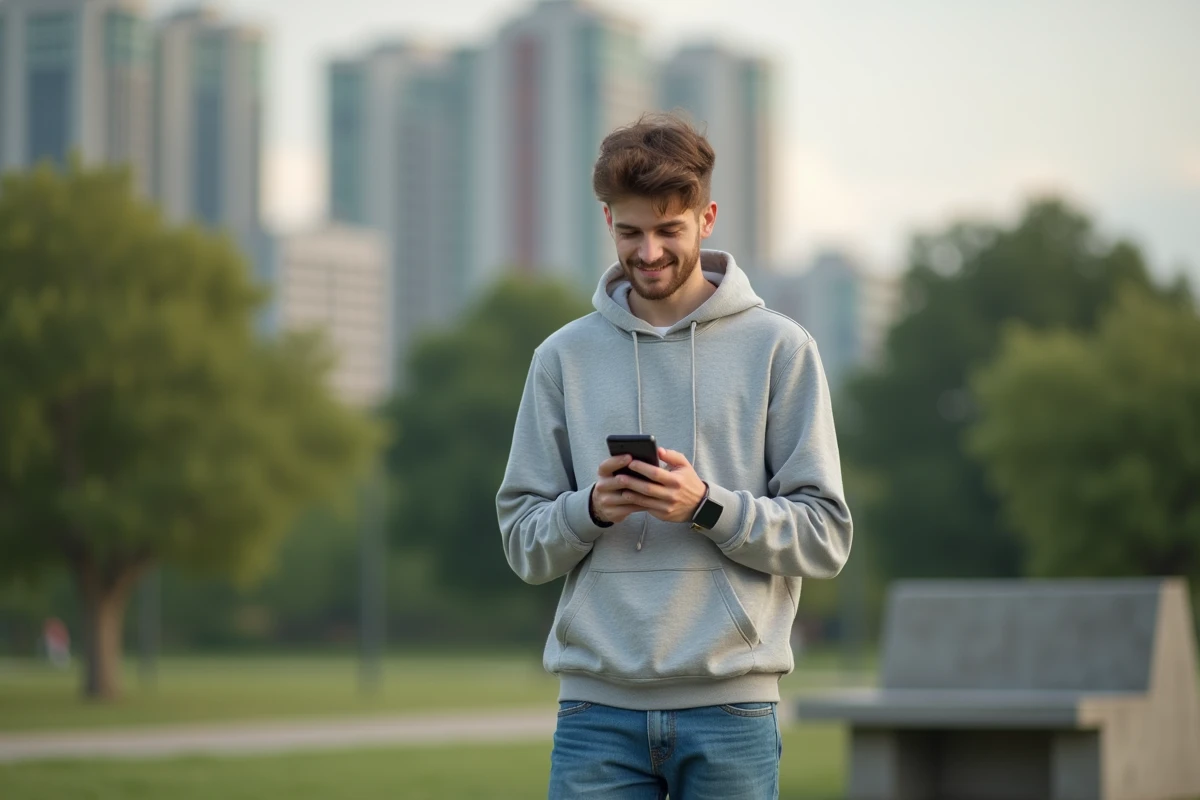 Jeune homme souriant regardant son téléphone dans un parc urbain