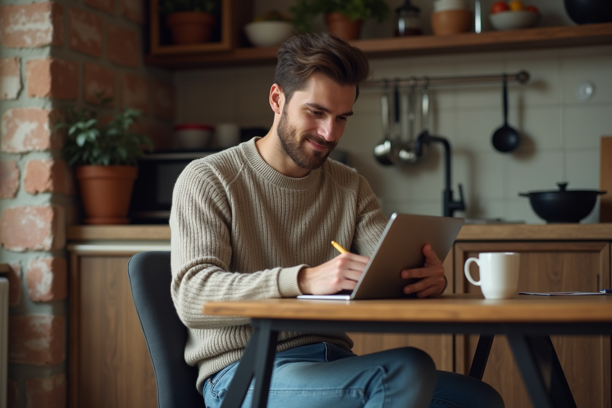 Jeune homme à la maison utilisant une tablette pour écrire un email