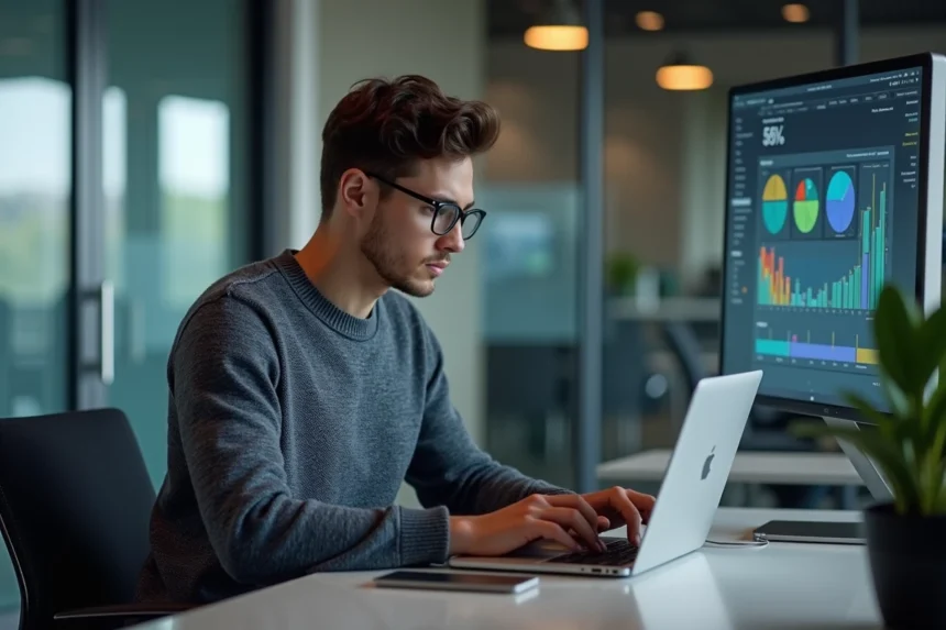 Jeune homme concentré travaillant sur un tableau digital dans un espace coworking