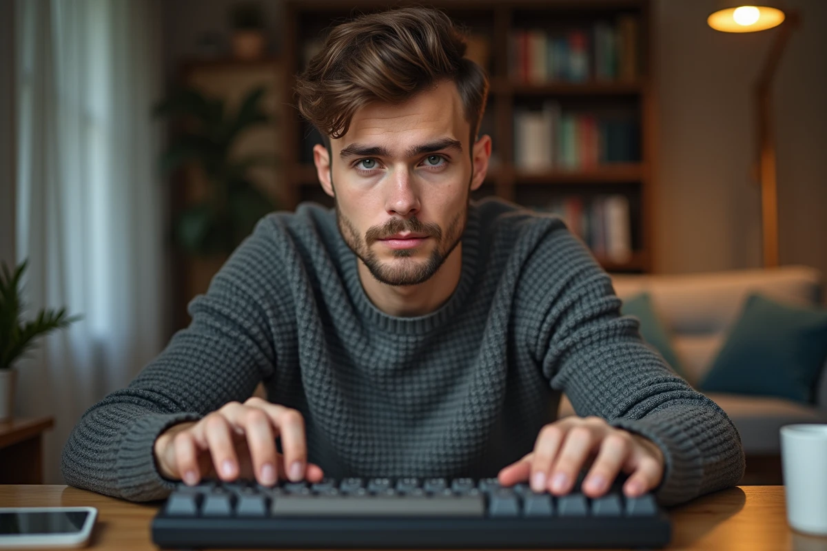 Jeune homme utilisant un clavier mécanique à la maison