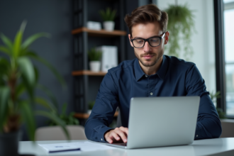 Jeune homme professionnel regardant un document sur son ordinateur
