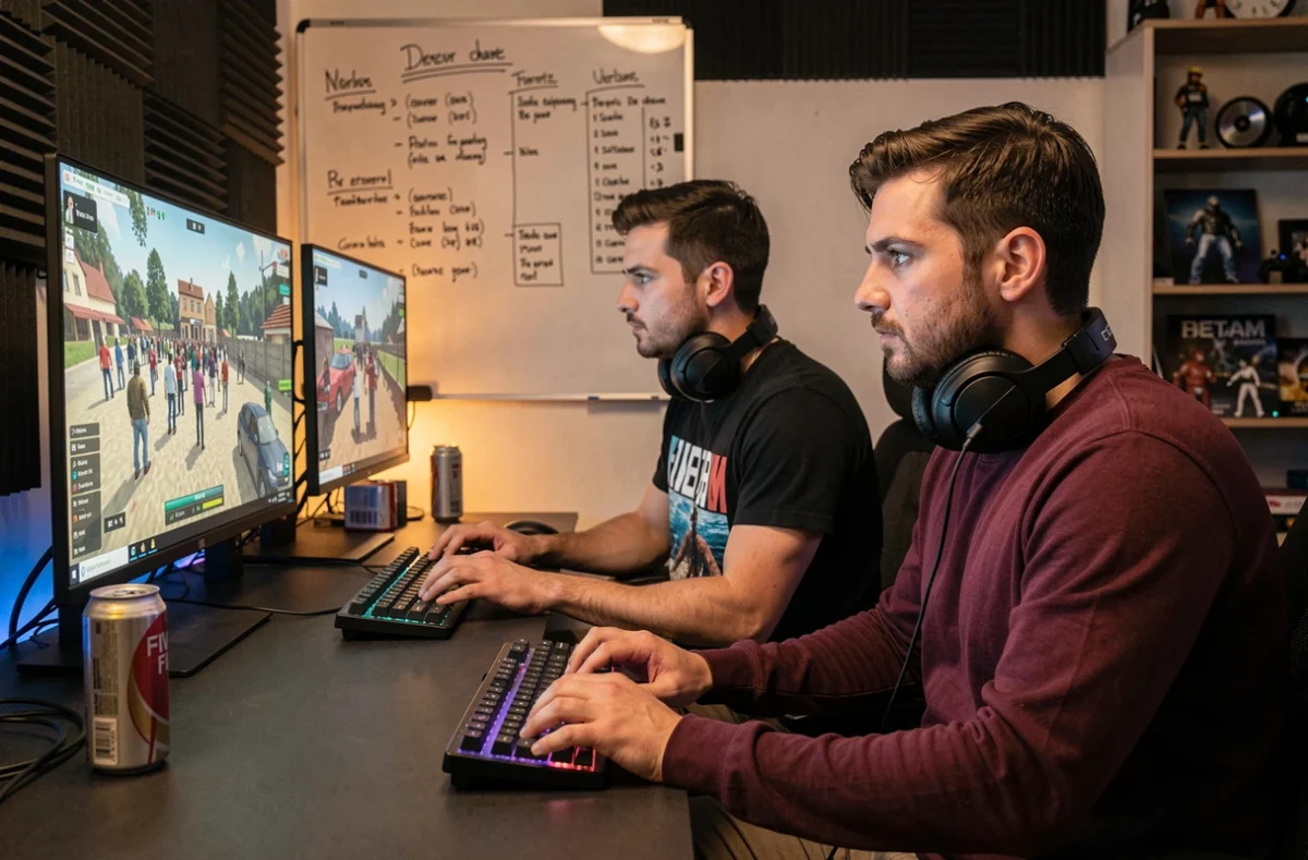 Deux joueurs gérant un grand événement sur serveur FiveM privé depuis leur station de jeu avec écrans en action