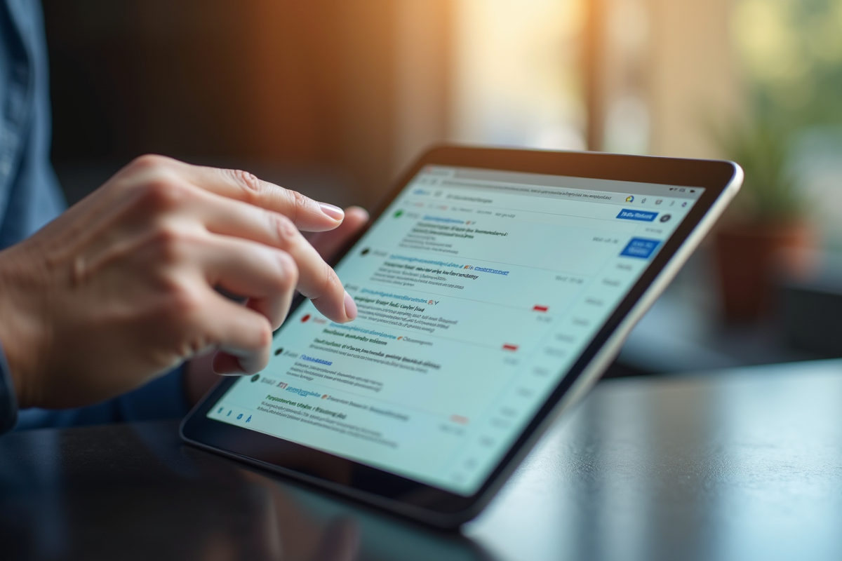 Main naviguant dans une boîte mail sur une tablette