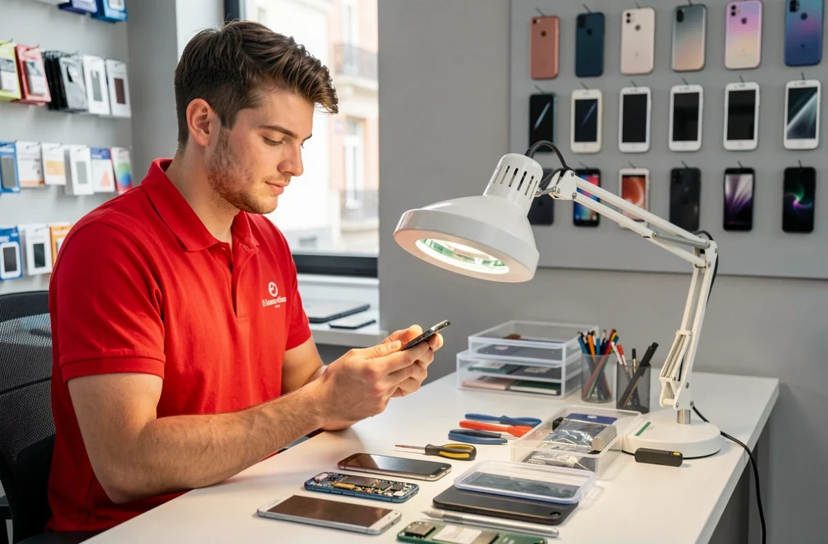 Technicien Lionphone réparant un smartphone démonté dans un atelier de réparation de téléphones et tablettes à Lyon
