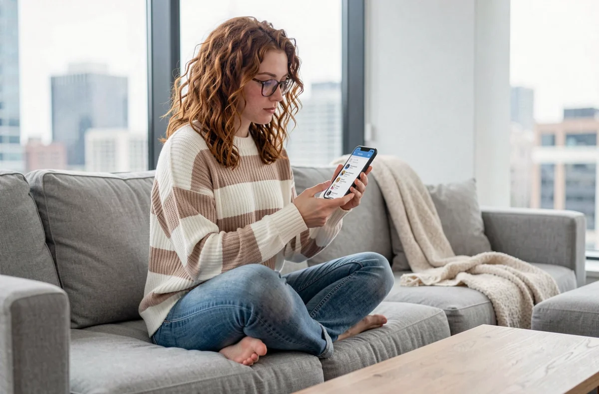 Jeune femme consultant sa liste de favoris sur smartphone depuis un canapé