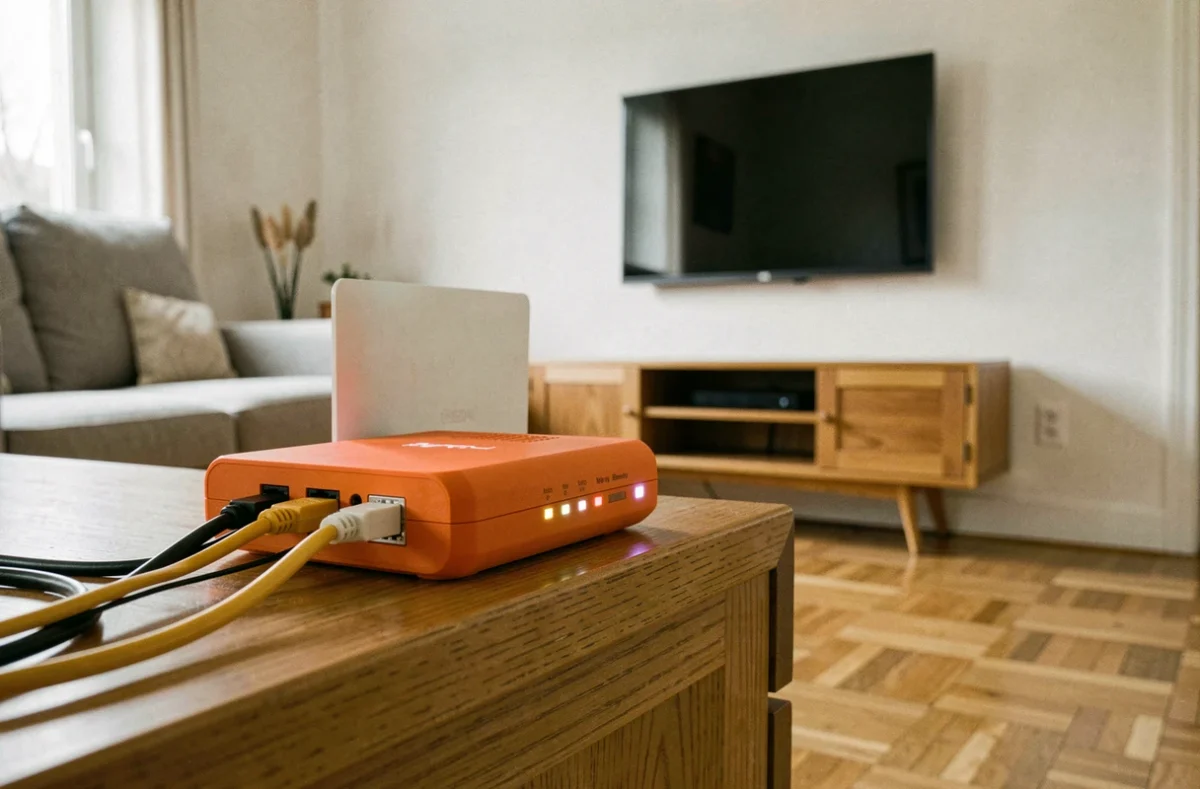 Livebox Orange avec voyant blanc clignotant posée sur un meuble TV dans un salon d'appartement