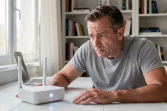 Homme examinant une Livebox Orange dont le voyant blanc clignote, posée sur un bureau à domicile