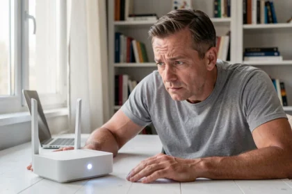 Homme examinant une Livebox Orange dont le voyant blanc clignote, posée sur un bureau à domicile