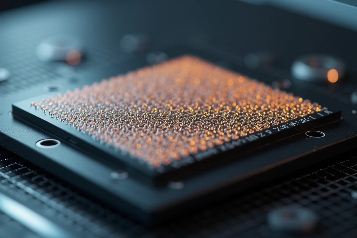 Vue macro de micro-bumps métalliques en cuivre sur la surface d'un wafer de silicium en procédé wafer-level