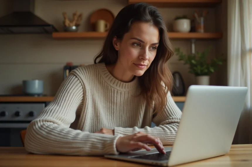 Mère activant un jeu Epic Games sur ordinateur portable pour son enfant depuis la cuisine familiale