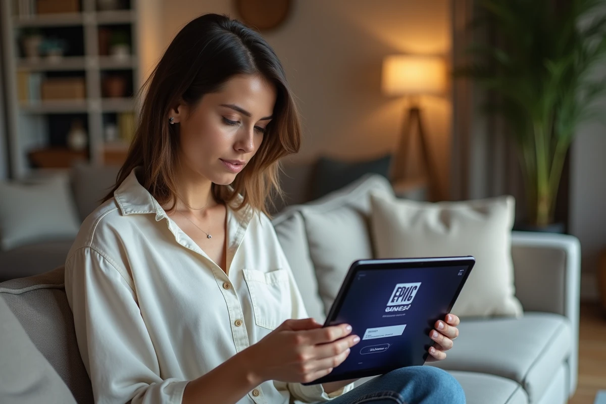 Femme activant un jeu Epic Games sur tablette dans le salon pour son enfant