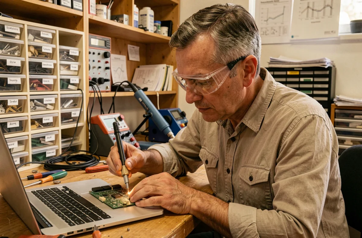 Technicien MICR-OS.COM soudant un composant sur une carte mère d'ordinateur portable dans son atelier à Marseille