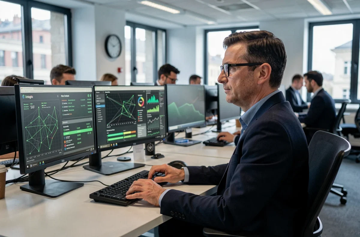 Expert en cybersécurité Net-Lyon analysant des tableaux de bord de sécurité réseau sur plusieurs écrans dans un bureau informatique moderne à Lyon