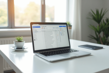 Ordinateur portable avec Gmail et Google Drive en contexte de bureau