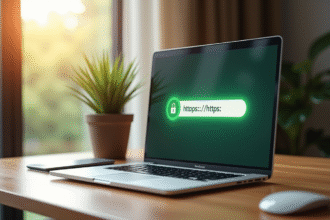 Ordinateur portable sur un bureau en bois avec cadenas vert HTTPS