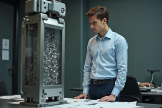 Jeune homme au bureau observant une machine à clips