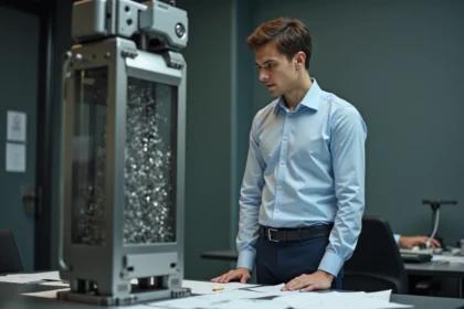 Jeune homme au bureau observant une machine à clips