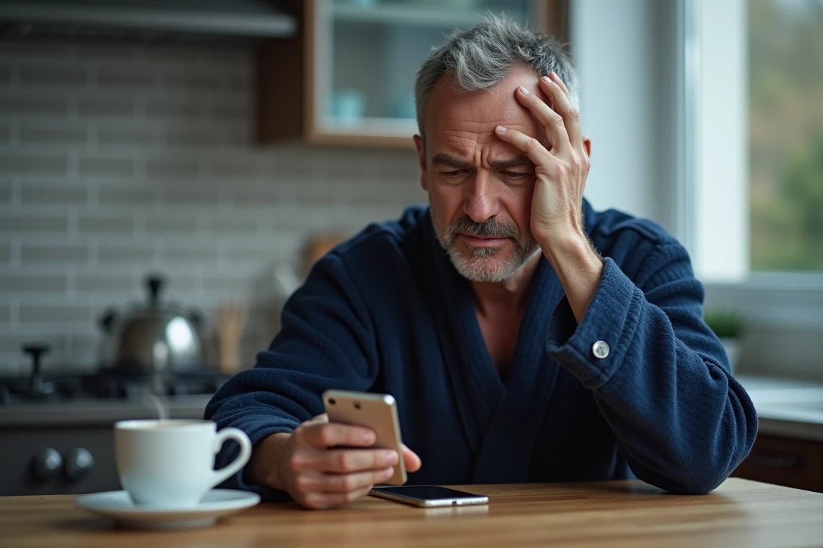 Homme en robe de chambre consultant les réglages d'alarme iPhone à la table de cuisine avec un café