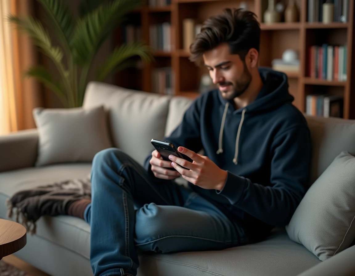 Jeune homme modifiant les paramètres de localisation de son navigateur sur smartphone pour contourner la personnalisation des résultats Google