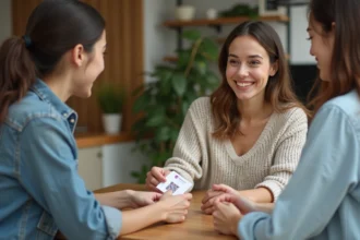 Femme souriante partage un QR code WiFi avec une amie dans une cuisine moderne