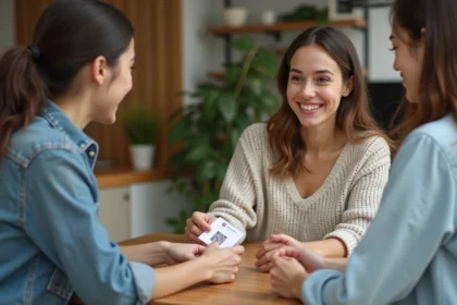 Femme souriante partage un QR code WiFi avec une amie dans une cuisine moderne