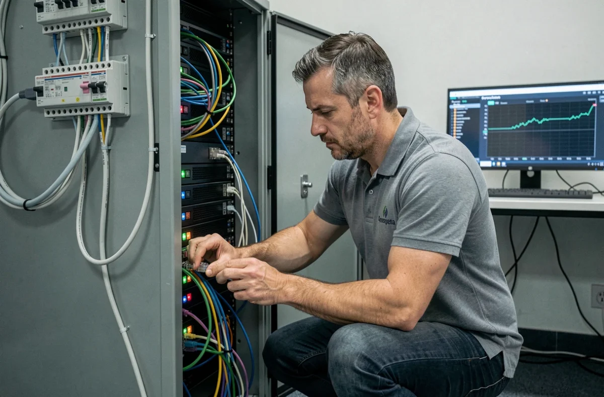 Technicien réseau PC-Futé Rezobox connectant des câbles Ethernet dans un rack serveur à Marseille