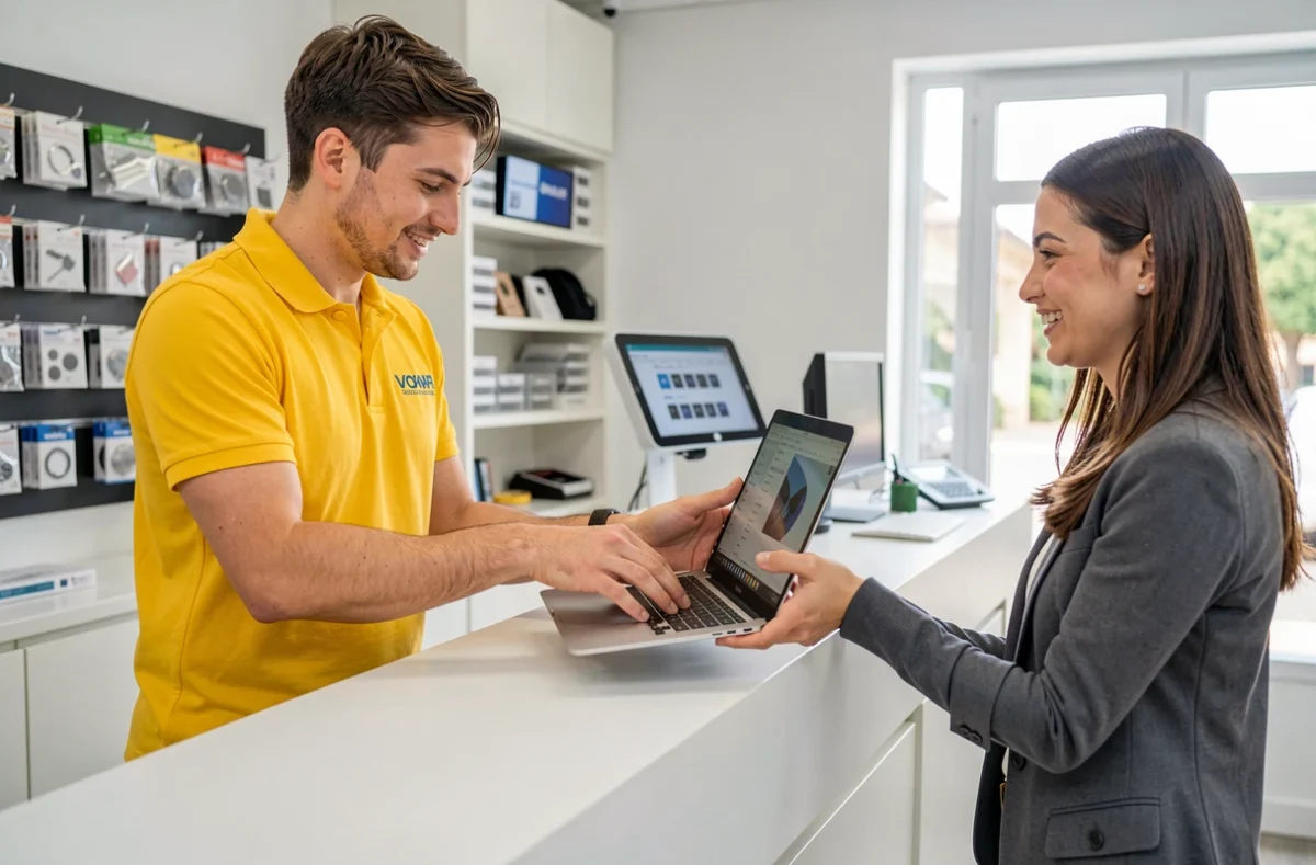 Technicien PCAixPress remettant rapidement un ordinateur portable réparé à une cliente à Aix-en-Provence
