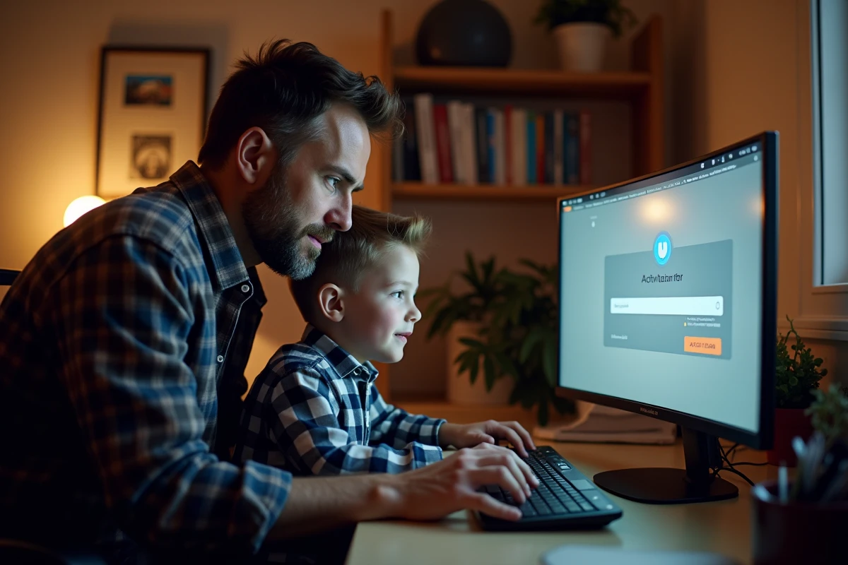 Père et fils en train d'activer un jeu Epic Games sur ordinateur de bureau à la maison