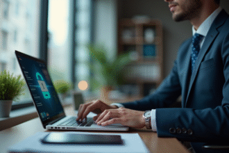 Personne travaillant sur un bureau moderne avec un ordinateur portable affichant un email sécurisé
