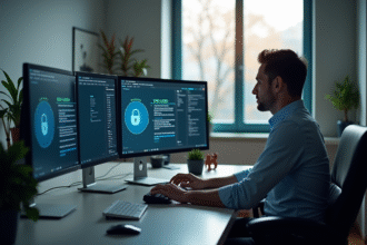 Personne utilisant un ordinateur avec VPN sécurisé dans un environnement professionnel