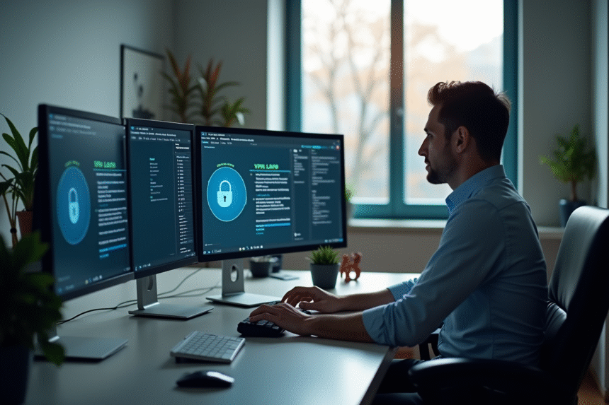 Personne utilisant un ordinateur avec VPN sécurisé dans un environnement professionnel