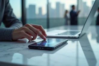 Smartphone Portable.tesla posé sur un bureau en marbre blanc dans un bureau high-tech futuriste en 2026