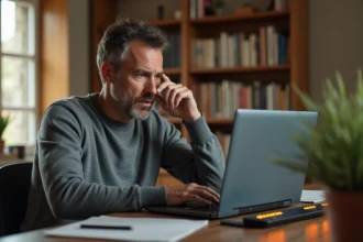 Homme frustré assis à son bureau regardant une erreur de connexion ADSL sur son ordinateur portable avec un routeur Wi-Fi aux voyants orange