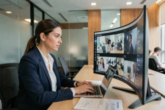 Professionnelle en entreprise analysant des vidéos marketing internes sur un écran d'ordinateur moderne dans un bureau open-space