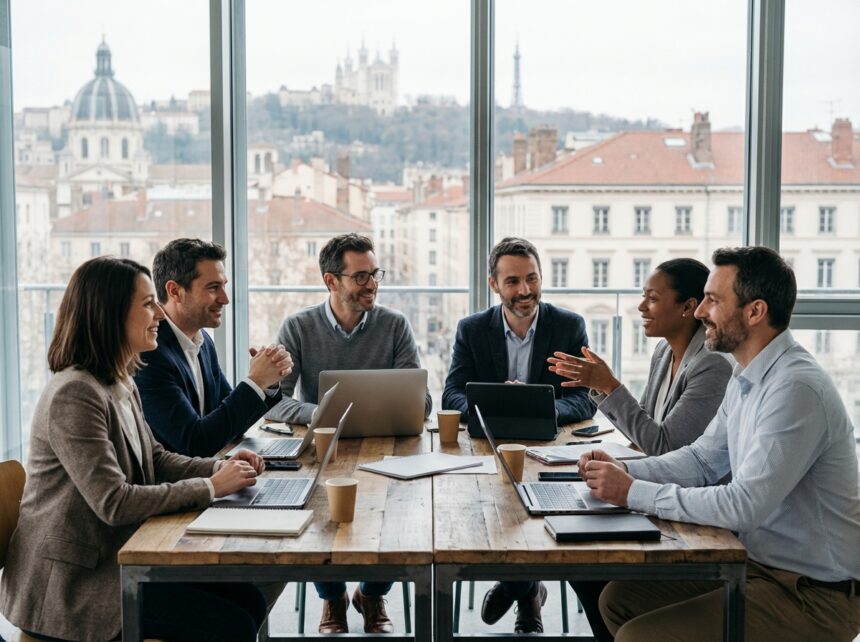 Groupe de professionnels lyonnais en réunion de travail