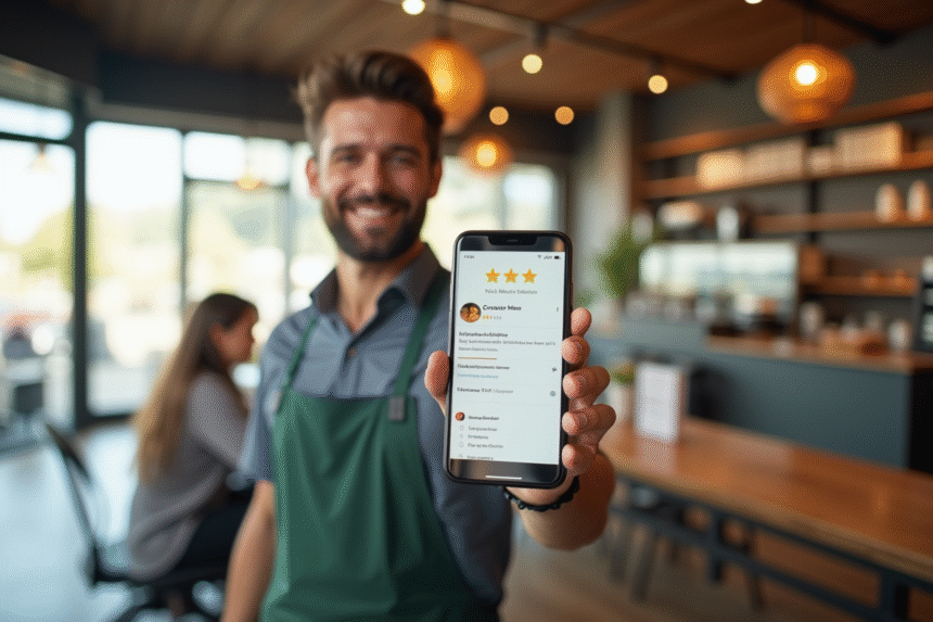 Propriétaire de cafe souriant avec smartphone affichant avis 5 étoiles