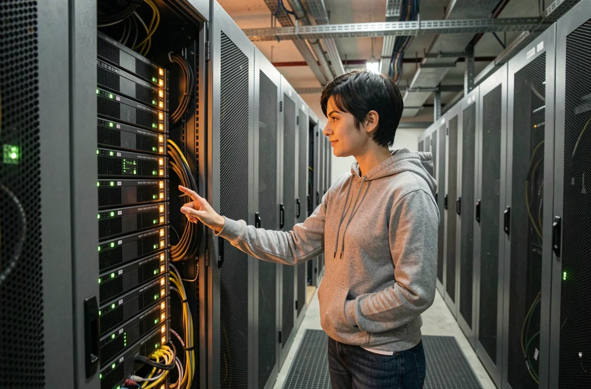 Administratrice système inspectant un rack serveur dans un datacenter pour hébergement FiveM haute capacité