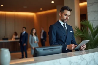 Réceptionniste d'hôtel utilisant une tablette avec un système de gestion hôtelière connectée au bureau d'accueil