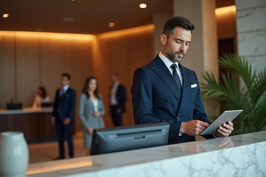 Réceptionniste d'hôtel utilisant une tablette avec un système de gestion hôtelière connectée au bureau d'accueil