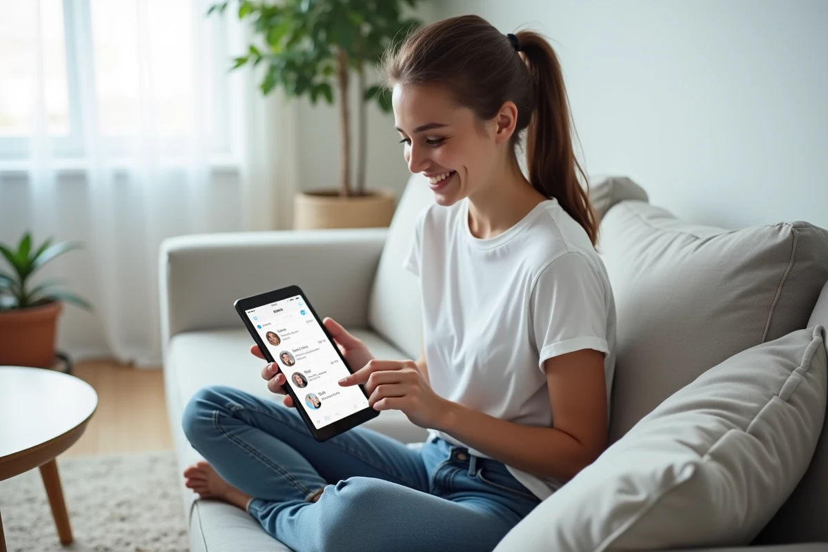 Jeune personne récupérant des messages supprimés sur une tablette grâce à une application de sauvegarde