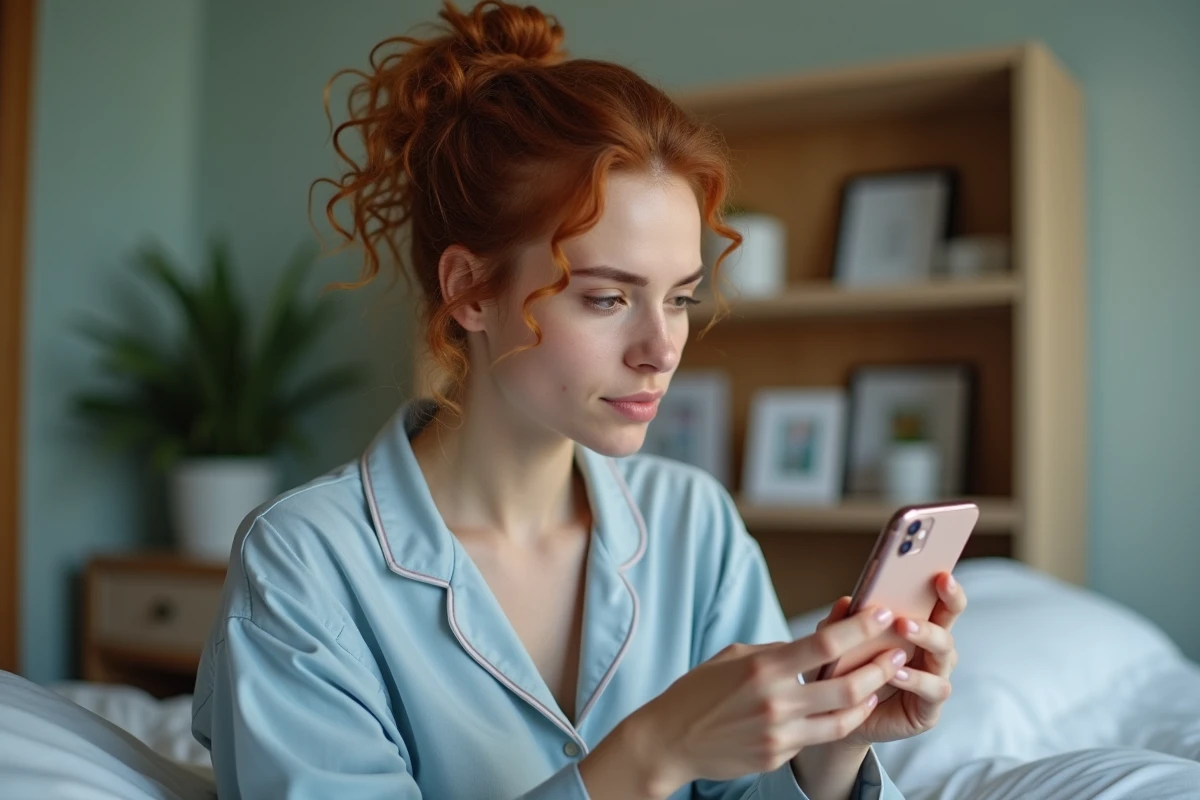 Femme en pyjama configurant les réglages d'alarme sur iPhone dans sa chambre
