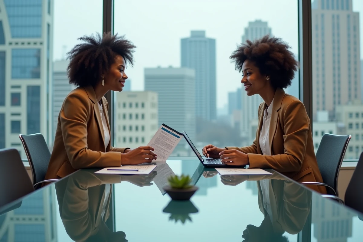 Femme entrepreneuse en réunion avec un designer web consultant des maquettes de site internet dans une salle de réunion moderne