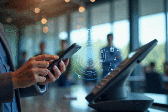 Personne utilisant un smartphone avec un terminal de paiement et icônes de sécurité