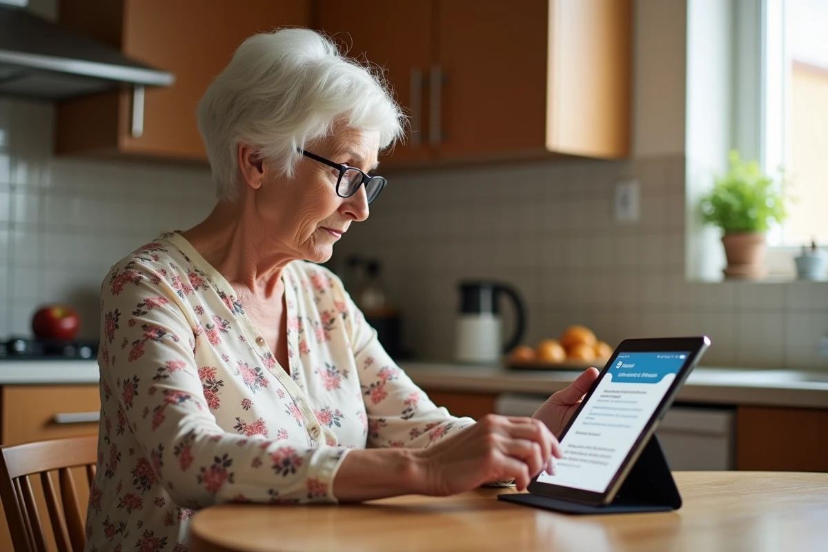Senior utilisant une tablette pour accéder au portail Orangee et lire ses mails depuis la cuisine