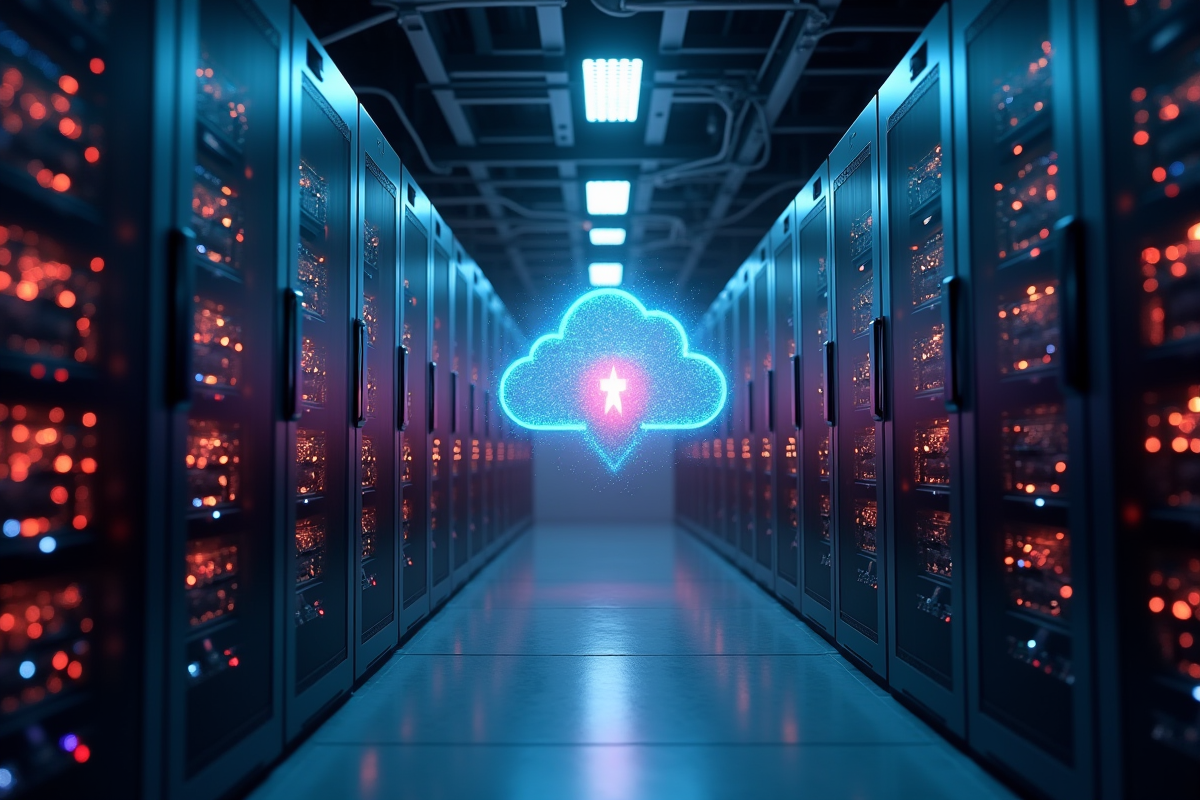 Salle serveurs avec bouclier holographique sur nuage numérique