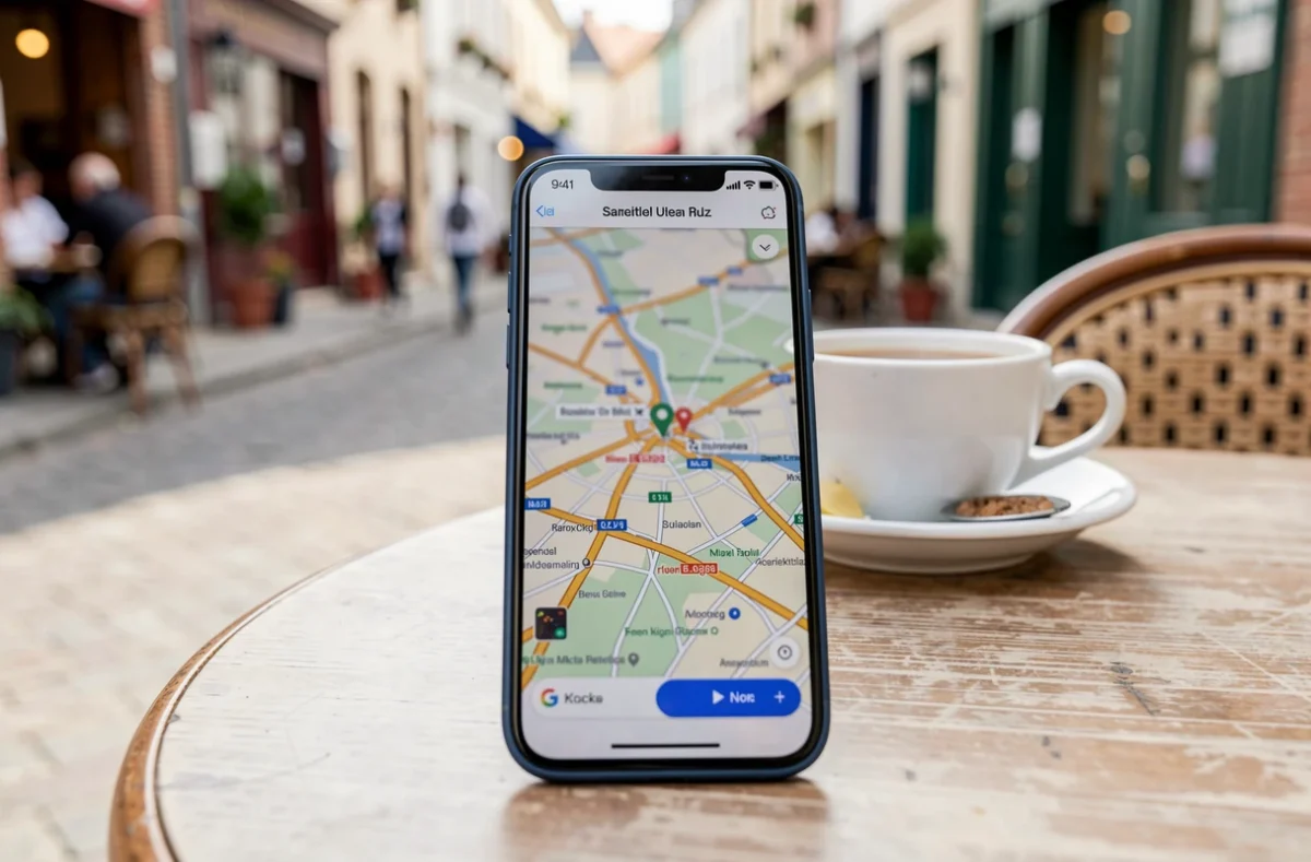 Smartphone affichant une carte locale sur une table de café en Bretagne