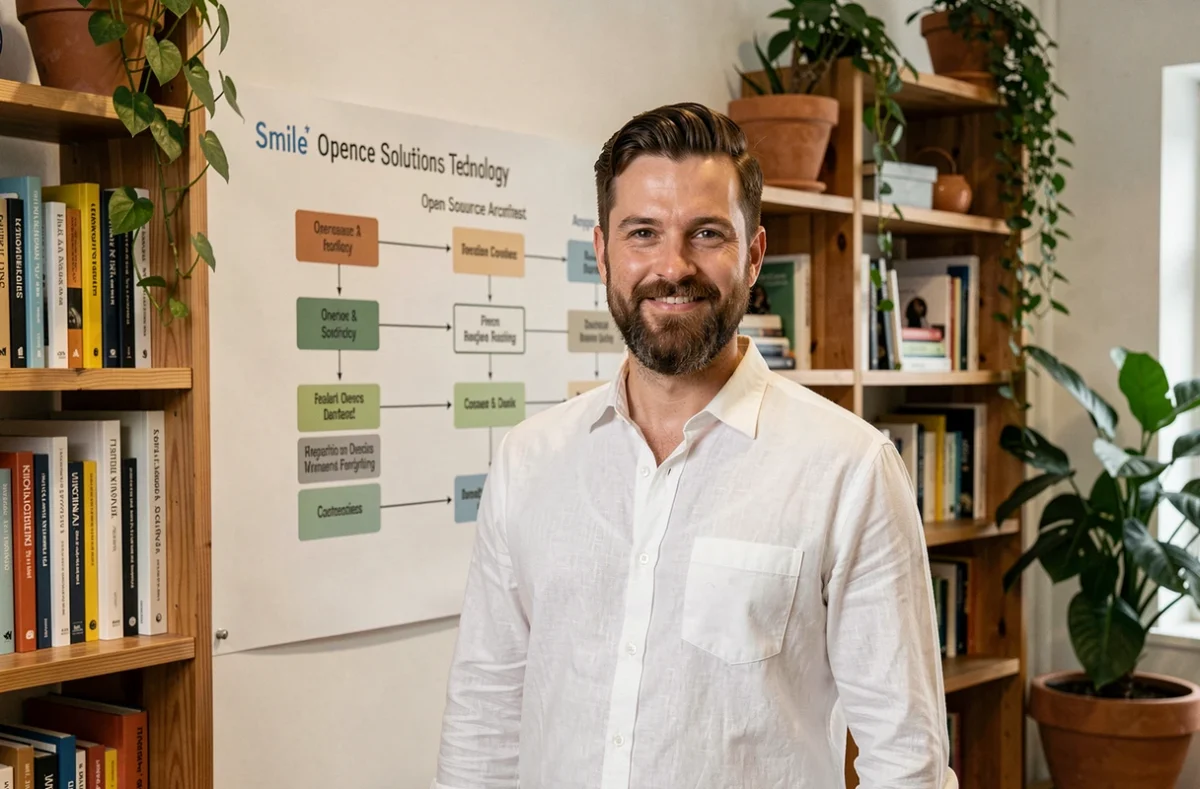 Architecte solutions open-source de Smile présentant un stack technologique devant un mur interactif dans un espace collaboratif chaleureux