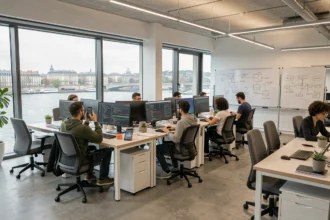 Vue d'ensemble d'un bureau moderne de développement logiciel à Lyon avec des équipes collaborant sur des écrans de code