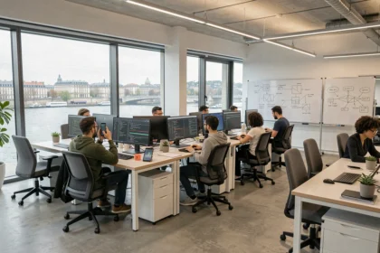 Vue d'ensemble d'un bureau moderne de développement logiciel à Lyon avec des équipes collaborant sur des écrans de code